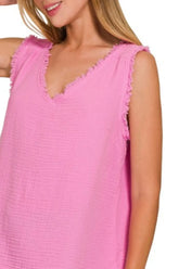 Double Gauze Raw Edge V-Neck Tank ZENANA